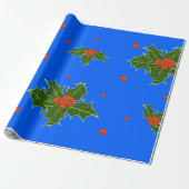 Holly (Ilex) Weihnachtsmotif auf blauem Hintergrun Geschenkpapier (Ungerollt)