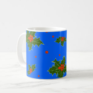 Holly (Ilex) Weihnachtsmotif auf blauem Hintergrun Kaffeetasse