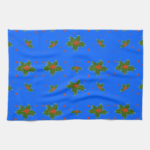Holly (Ilex) Weihnachtsmotif auf festlich blau Geschirrtuch