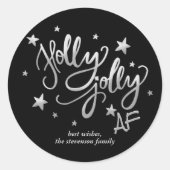 Holly Jolly AF | Shiny Silver Imitats Foil Script Runder Aufkleber (Vorderseite)
