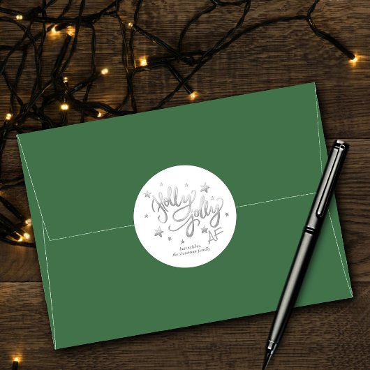 Holly Jolly AF | Shiny Silver Imitats Foil Script Runder Aufkleber