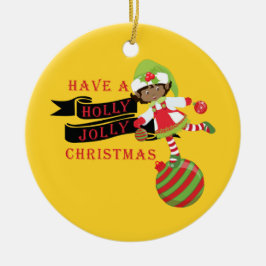 Holly Jolly Black American Christmas Elf Keramik Ornament