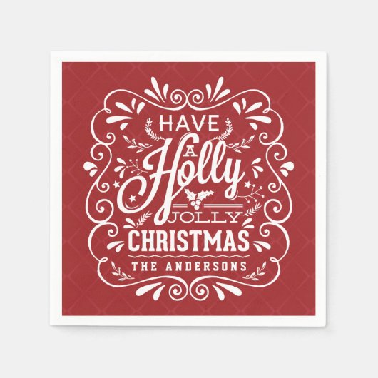 Holly Jolly Christmas Chalk Art Red Paper Napkins Serviette (Vorderseite)