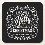 Holly Jolly Christmas Chalkboard Holiday Party<br><div class="desc">Genießen Sie ein Weihnachts-Weihnachtsfeiertag Untersetzer. Feierliche und volkstümliche Weihnachtsfeiertage im Kreidekunst-Stil. Whimsischer Kalkpappstil Wirbler Rahmen mit weißer Kreidekunsttypografie auf schwarzem Bretterboden und Retromix aus handgeschriebenen Stilen, mit frostigem Blattwerk und holzigen Beeren dekoriert. Fügen Sie Ihren eigenen personalisierten Gruß oder Familiennamen hinzu, um ein einzigartiges Thema für Ihren Urlaubstisch zu schaffen...</div>