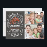 Holly Jolly Christmas Chalkboard Photo Collage Feiertagskarte<br><div class="desc">Festive and fancy curly chalkboard Christmas Holiday greetings photo template on trendy flat cards. Cheerful chalkboard style typography with retro mix of hand-lettered styles, decorated with swirly frame, winter foliage and holly berries. Add your favorite holiday family photo and customize the text. Modern way to send happy winter holiday greetings...</div>