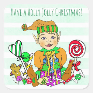 Holly Jolly Christmas Festive Elf Quadratischer Aufkleber