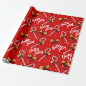 Holly Jolly Christmas Red Candy Cane Gold Bows Geschenkpapier (Ungerollt)