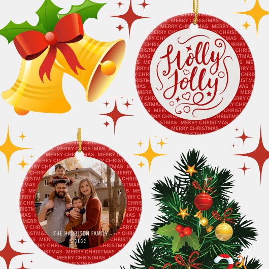 Holly Jolly Christmas Script Family Foto Red Keramik Ornament