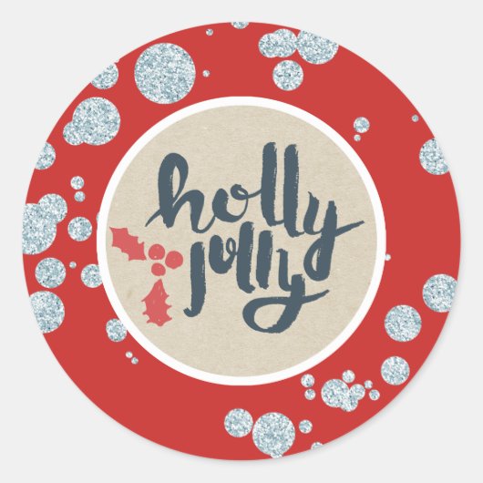 HOLLY JOLLY Christmas Silver Glitzer Kraft Holiday Runder Aufkleber (Vorderseite)