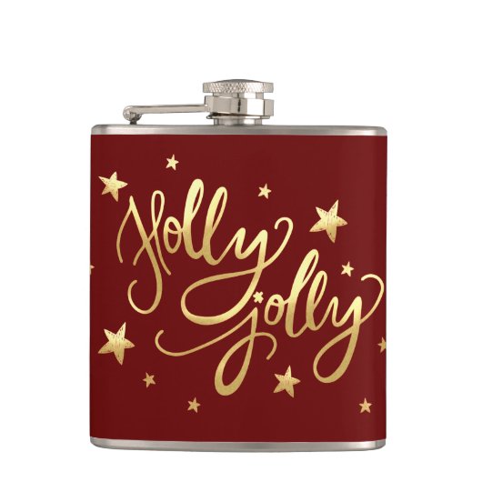 Holly Jolly | Elegante Gold Imitate Foil Script Flachmann (Vorderseite)