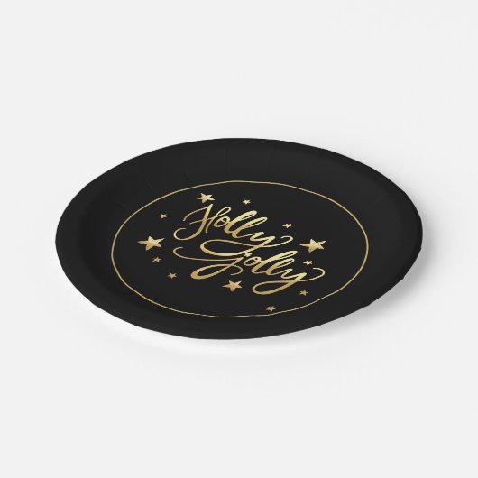 Holly Jolly | Elegante Gold Imitate Foil Script Pappteller (Schrägansicht)