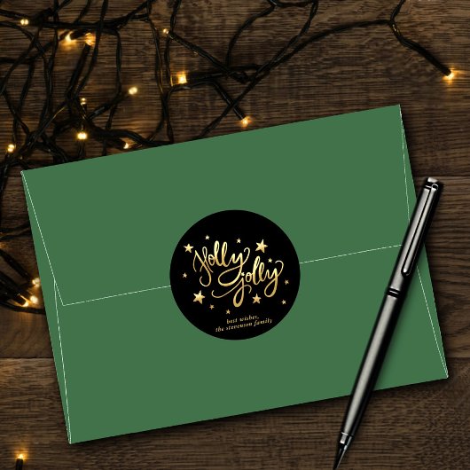 Holly Jolly | Elegante Gold Imitate Foil Script Runder Aufkleber