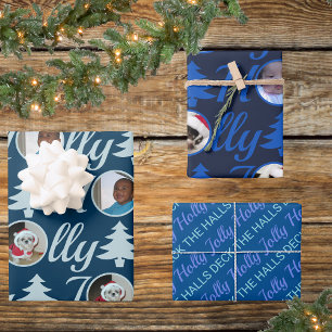 Holly Jolly Foto Collage Dark Blue Christmas Geschenkpapier Set