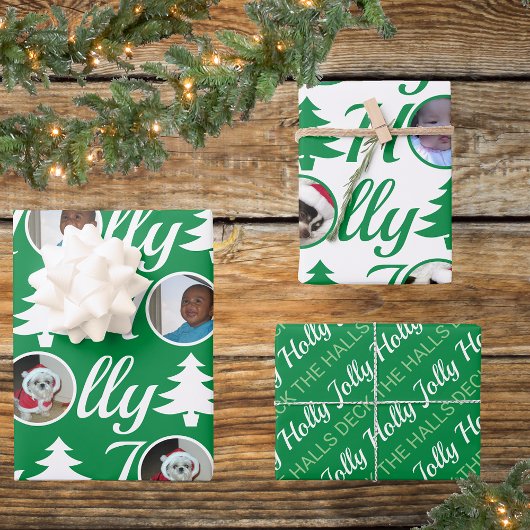 Holly Jolly Foto Collage Green White Christmas Geschenkpapier Set