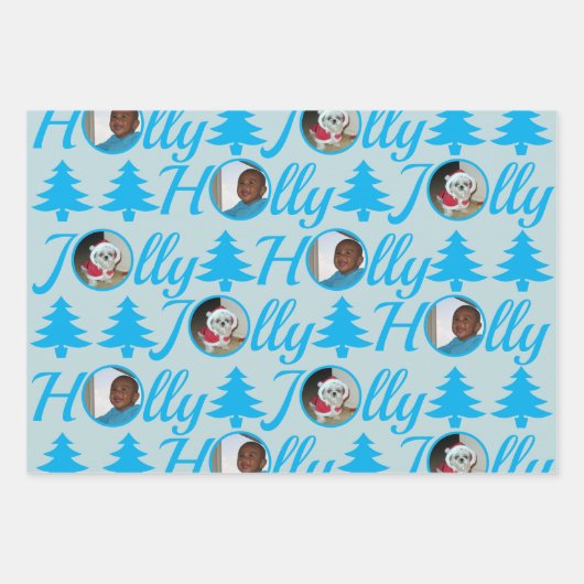 Holly Jolly Foto Collage Light Blue Christmas Geschenkpapier Set (Vorderseite)