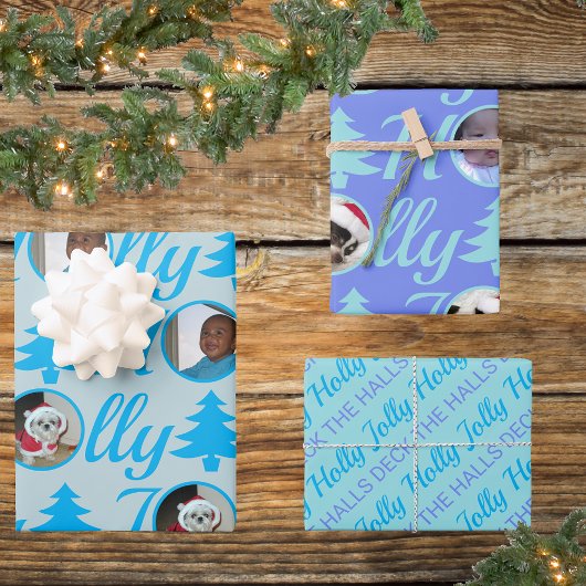Holly Jolly Foto Collage Light Blue Christmas Geschenkpapier Set