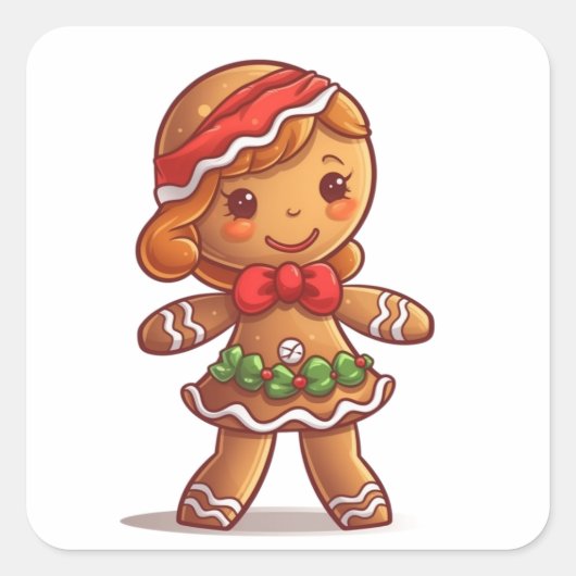 Holly Jolly Gingerbread Girl Quadratischer Aufkleber (Vorderseite)