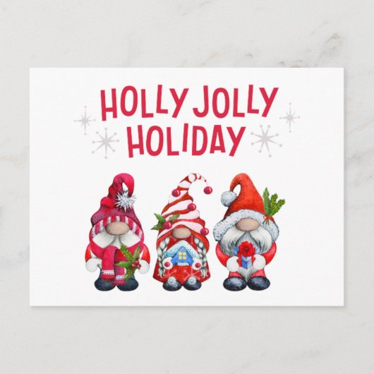 Holly Jolly Holiday Gnomes Feiertagspostkarte (Vorderseite)