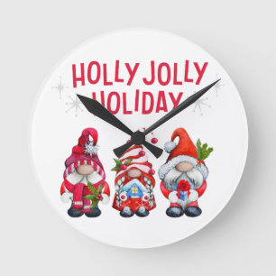 Holly Jolly Holiday Gnomes Whimsical Weihnachten Runde Wanduhr
