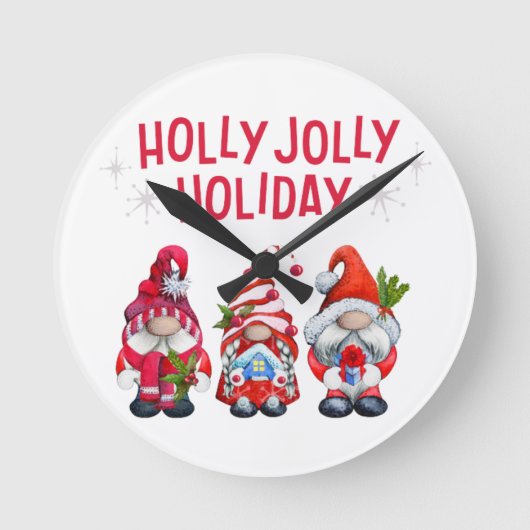 Holly Jolly Holiday Gnomes Whimsical Weihnachten Runde Wanduhr (Vorderseite)