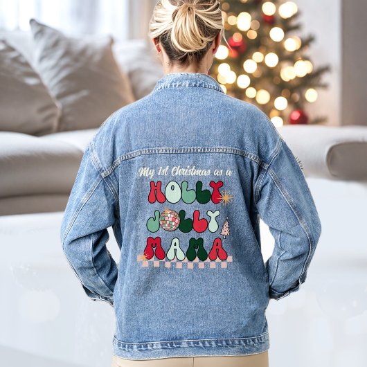 Holly Jolly Mama Text Christmas Denim Jacket Jeansjacke