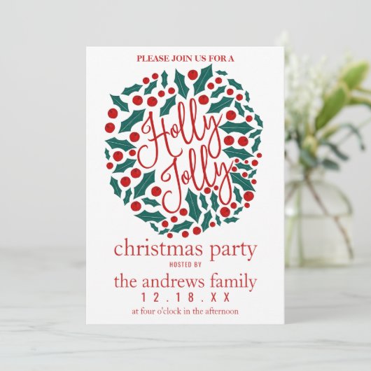 Holly Jolly Quote Blätter Berries WeihnachtsParty Einladung (Stehend Vorderseite)