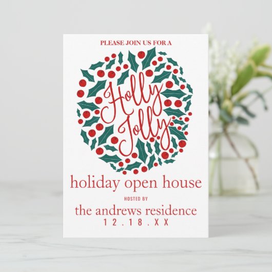 Holly Jolly Quote Leaf Berries Holiday Open House Einladung (Stehend Vorderseite)