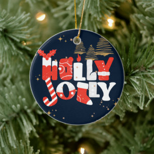 Holly Jolly Red White Gold Weihnachtsfest Keramik Ornament