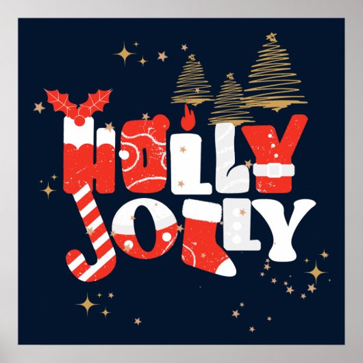 Holly Jolly Red White Gold Weihnachtsfest Poster (Vorne)
