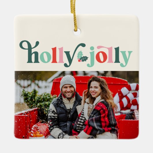 Holly Jolly Retro Foto Ornament (Vorderseite)