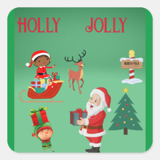 HOLLY JOLLY SANTA AND ELVES CHRISTMAS QUADRATISCHER AUFKLEBER