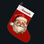 Holly Jolly Santa Claus Retro Großer Weihnachtsstrumpf<br><div class="desc">Personalisierter Weihnachtsfeiertag mit einer fröhlichen Illustration eines Vintagen Weihnachtsmannes mit roten,  rosa Wangen. Tragen Sie seine klassische rote Weihnachtsmannmütze und seinen großen weißen Bart. Der heilige Geist dieses Designs wird durch einen Hauch von Heiligenschein unterstrichen.</div>