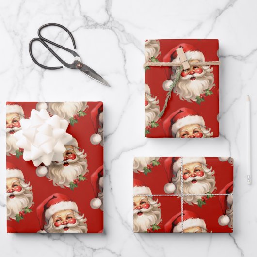 Holly Jolly Santa Claus Retro Weihnachtsmuster Geschenkpapier Set (Vorderseite)