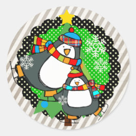 Holly Jolly Skaten Penguins Round Sticker