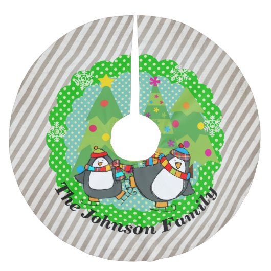 Holly Jolly Skaten Penguins Tree Skirt Polyester Weihnachtsbaumdecke (Vorderseite)