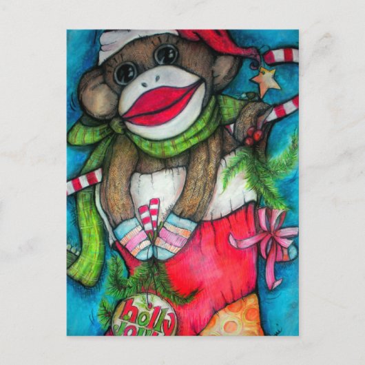 Holly Jolly Sock Monkey Feiertagspostkarte (Vorderseite)