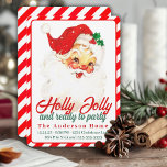Holly Jolly und bereit zum Party Weihnachten Einladung<br><div class="desc">Die Weihnachtsweihnachtsfeiertage aus der Mitte des Jahrhunderts besticht durch den Weihnachtsmann mit den Worten "Holly Jolly und bereit zum Party" mit einer leuchtend rot-weißen Zuckerrohr-Grenze und Rücken. Individuell anpassen,  indem Sie Ihre persönlichen Party-Details auf der Vorderseite mit zusätzlichem Platz auf der Rückseite für zusätzliche Details hinzufügen.</div>