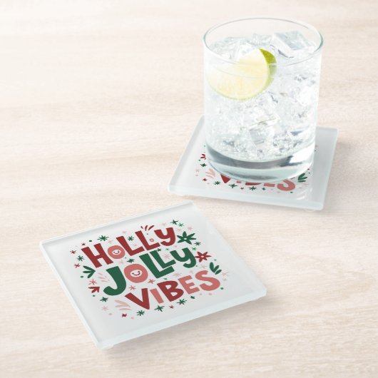Holly Jolly Vibes Weihnachts-Untersetzer Glasuntersetzer (Schrägansicht)