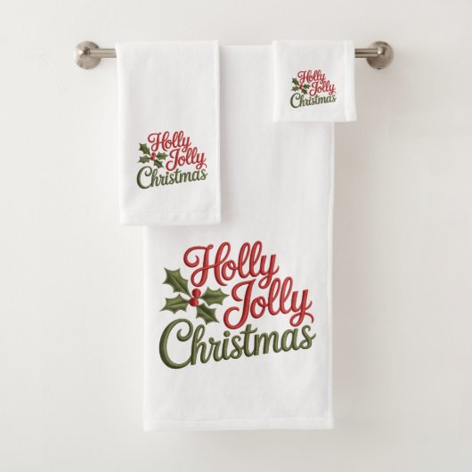 Holly Jolly Weihnachtsstickerei Typografie Badhandtuch Set (Insitu)