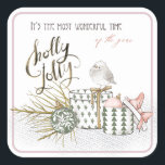 Holly Jolly Wonderful Time Christmas Quadratischer Aufkleber<br><div class="desc">Niedliche und charmante Einrichtung für den Urlaub,  um die Saison in pastellfarbenem Weiß und Rosa zu feiern. Geschenke,  Weihnachtsschmuck,  Ast und Vogel unterstreichen die Botschaft,  dass dies die schönste Zeit des Jahres ist! Kalligraphische Typografie "heiliger Jolly".</div>