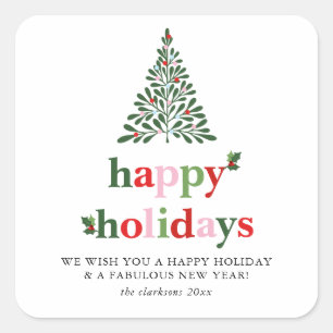 Holly Merry & Bright Weihnachtskarte Quadratischer Aufkleber
