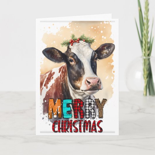 Holly Merry Christmas Brown Cow Card Karte (Vorderseite)