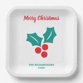 Holly Merry Christmas Red White Green Individuelle Pappteller