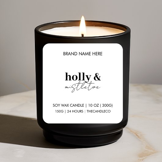 Holly & Mistletoe Christmas Candle Label | elegant Quadratischer Aufkleber