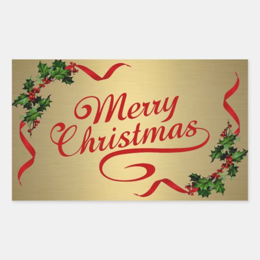 Holly mit Ribbons auf Gold-Aufkleber Rechteckiger Aufkleber (Vorderseite)