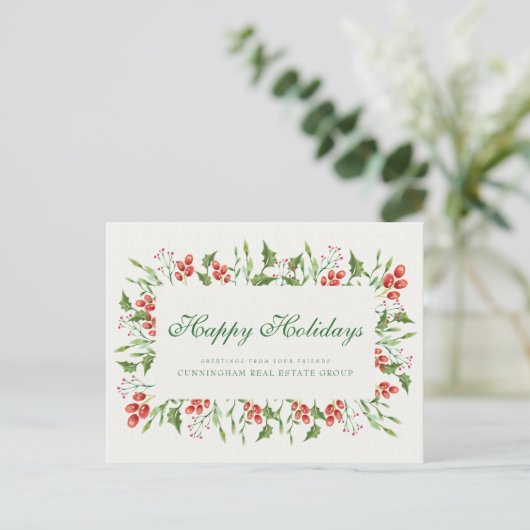 Holly Pine & Berry | Holiday Greetings Postkarte (Stehend Vorderseite)