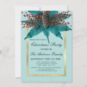 Holly Pine Cone Bouquet Gold Border Einladung (Vorderseite)