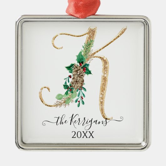 Holly Pine Cone Monogram K Gold Glitzer Weihnachte Ornament Aus Metall (Vorne)