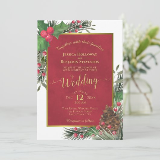 Holly & Pine Elegante Weihnachten Einladung (Stehend Vorderseite)