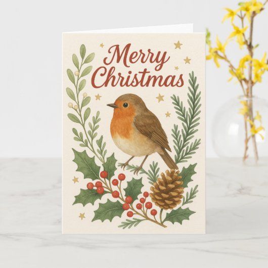 Holly & Pine Robin Weihnachtskarte Karte (Gelbe Blume)